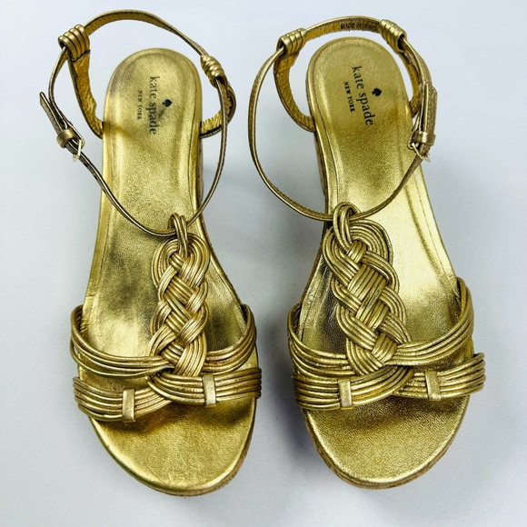 Kate Spade Becca Metallic Gold Braided Strap Cork Wedges - Picture 4 of 14